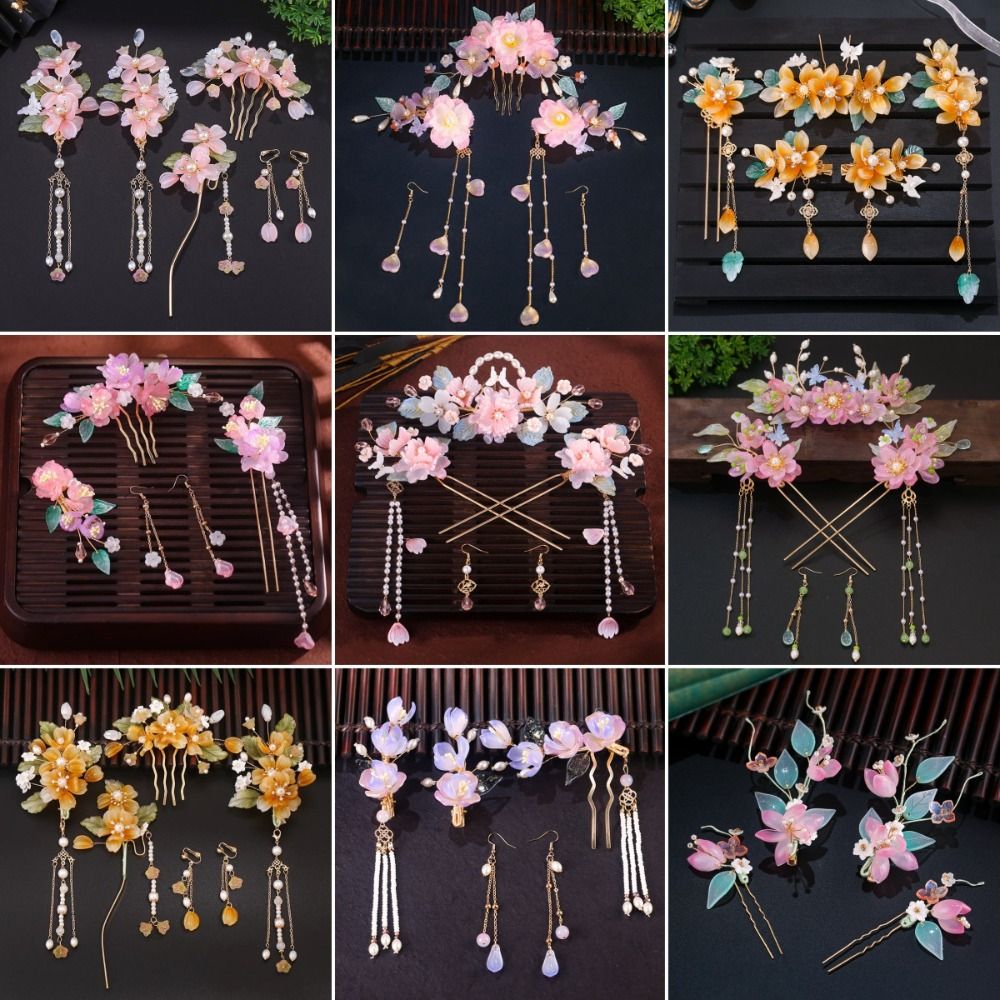 Hanbok Hair Pin - ชุดปิ่นปักผมสไตล์จีนโบราณแบบคลาสสิก ประดับมุก พู่ห้อย สำหรับชุดฮั่นฝู ไม้ปักผม ปิ่นปักผม