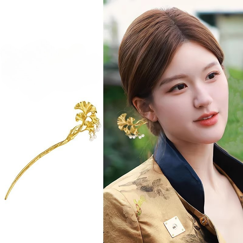 Hanbok Hair Pin - กิ๊บติดผมใบแปะก๊วยสีทอง 1 ชิ้น ดีไซน์หรูหรา สไตล์จีนโบราณ สำหรับผู้หญิง