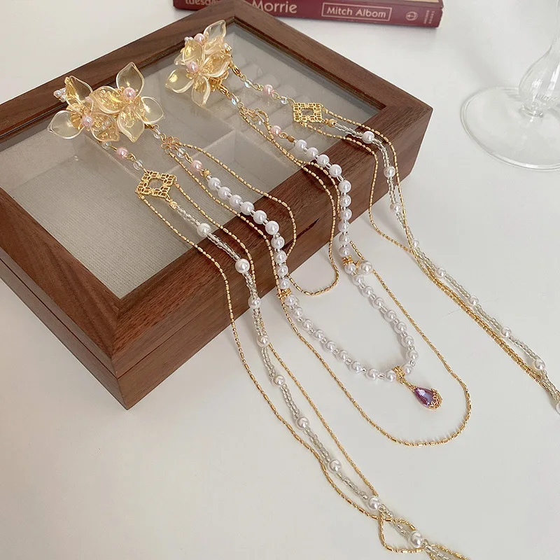 Hanbok Hair Pin - สไตล์จีนใหม่ Rhinestones ดอกไม้คลิปผมเลียนแบบไข่มุกยาวพู่ Hairpins Original Duckbill