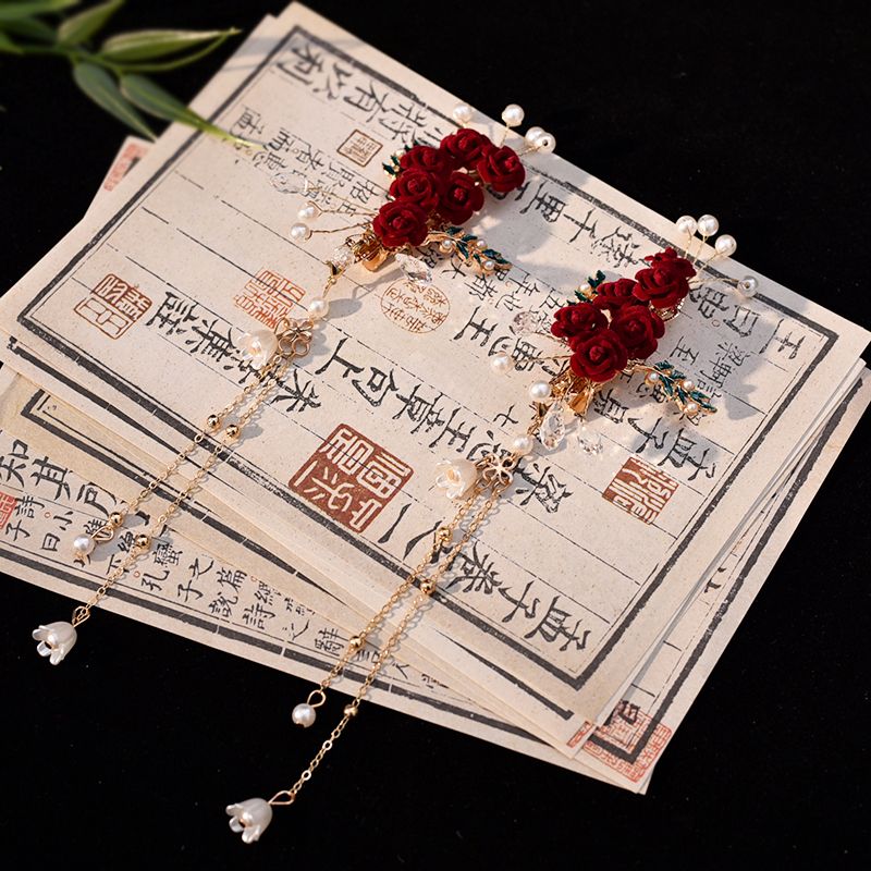 Hanbok Hair Pin - เครื่องประดับผมฮันฟู่สไตล์จีนแบบอเนกประสงค์ ดีไซน์สวยดุจเทพธิดา กิ๊บติดผมรูปดอกกุหลาบสีแดง สินค้าขายดี หรูหราเบาๆ แบบจีน